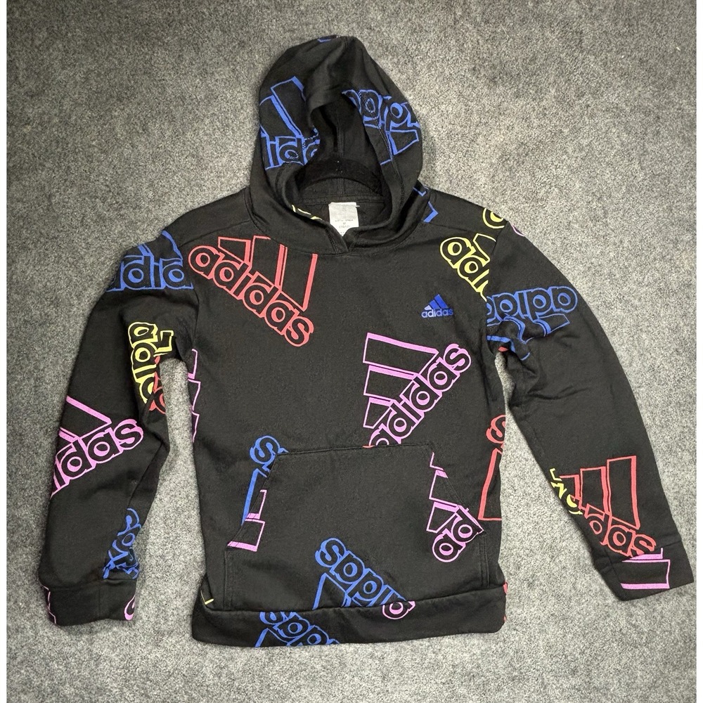 Adidas Boys M 10/12 Black Multicolor Logo All Over Print Pullover Hoodie